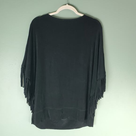 Chicos Travelers Womens Pheobe Fringe 3/4 Sleeve Drape Neck Poncho Top Size 3 - Picture 2 of 5